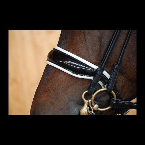 Dyon rolled double bridle with large patent crack noseband, white padding